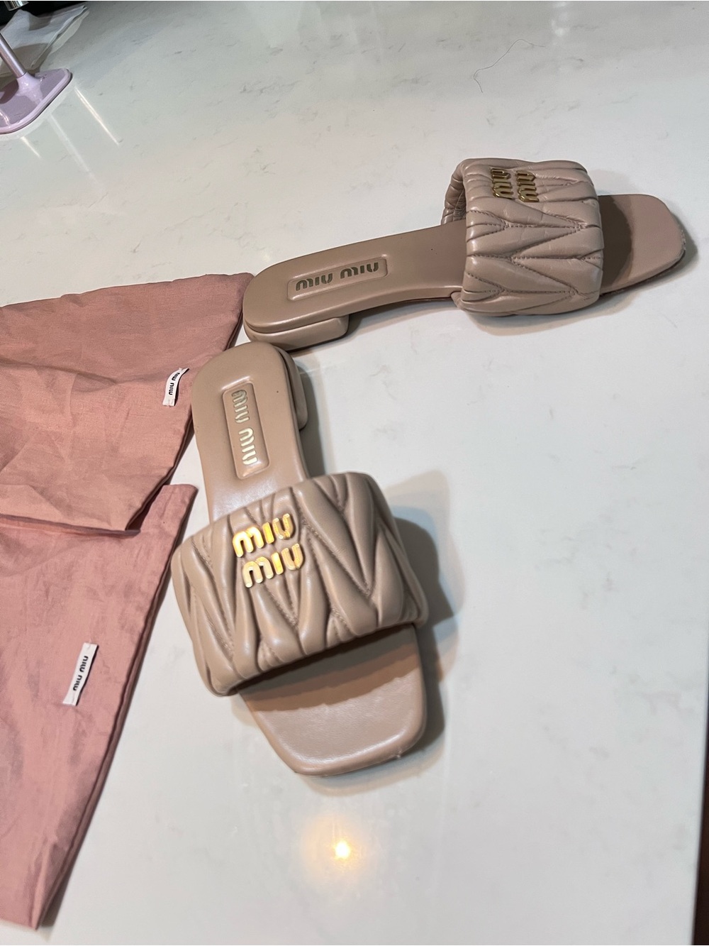 Miu Miu Quilted Leather Slide Sandals in Beige Taupe - Picture 3 of 5
